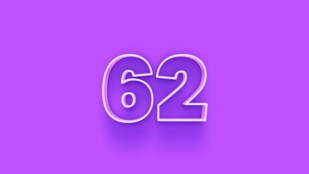 Number 62 blue color 3d render isolated on purple background with shadow