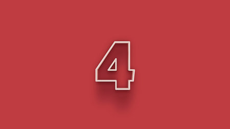 Number 4 in white on a red background. 3D rendering.