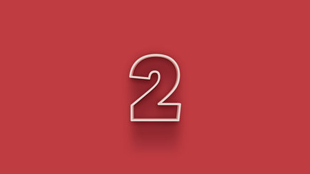 2 number with shadow effect on red background. 3d rendering.