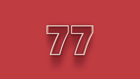 77 number 3d realistic shadow on red background. Vector illustration.