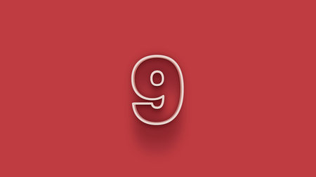 Number 9 with shadow on a red background. 3D illustration.