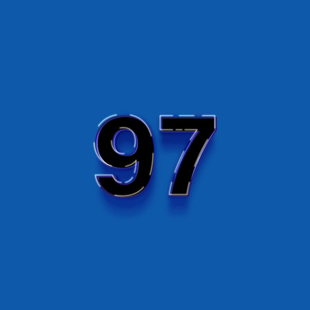 97 number with shadow on blue background. 3D rendered font.の写真素材