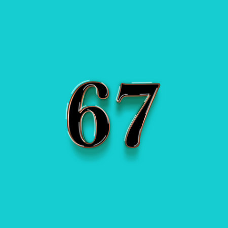 67 number with shadow on blue background. Realistic 3d font.の写真素材
