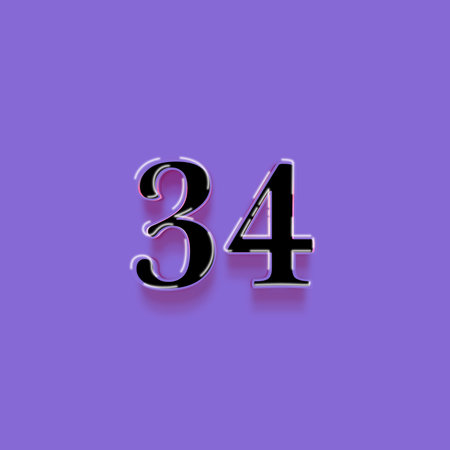 Number 34 with shadow on purple background. 3D illustration, 3D rendering.
