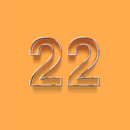 Realistic metallic font Number 22 with shadow isolated on orange background.