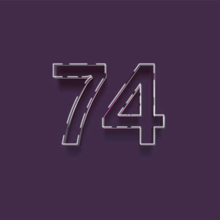 Realistic neon number 7 4 with shadow, isolated on purple background. Vector illustrationの写真素材