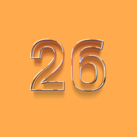 26 number with shadow effect on orange background. Realistic 3d font.