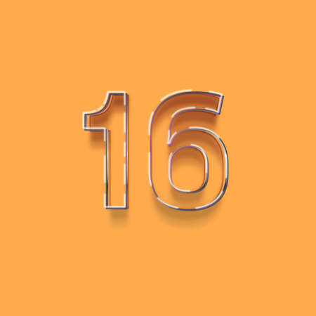 16 number with shadow on orange background. Realistic 3d font.の写真素材