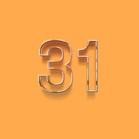 number thirty one from a typeset, orange background with soft shadow
