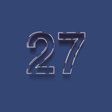 Realistic neon blue and white number 27 with shadow - vector illustration