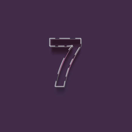 Realistic neon number 7 with shadow, isolated on purple background. Vector illustration.の写真素材