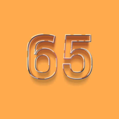 Neon number 65 with shadow isolated on orange background. 3d renderingの写真素材