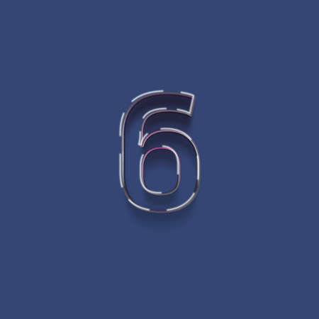 Neon number 6 with shadow, isolated on blue background. 3d renderingの写真素材