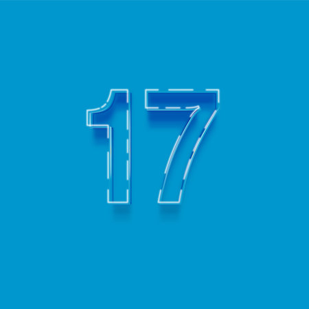 Number 17 blue neon light effect on blue background, vector illustration.