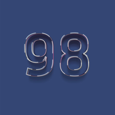 98 number with neon glow effect, realistic vector illustration isolated on blue background.