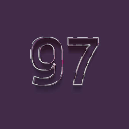 97 number with white outline and shadow, realistic shadow isolated on purple backgroundの写真素材