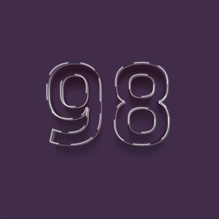 98 number with neon glow effect, realistic shadow on purple background. Vector illustration