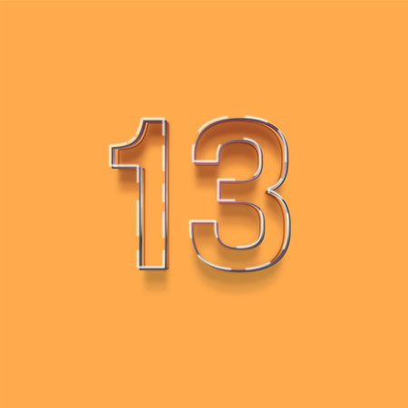 number 13 with shadow on orange background. 3d illustration of numbers for web design