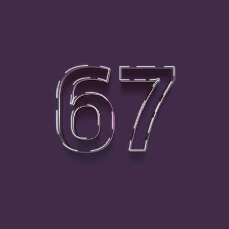 67 number with white outline and shadow - realistic neon style, isolated on purple backgroundの写真素材