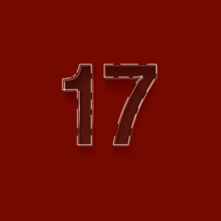 Realistic neon number 17 with shadow isolated on dark red background.の写真素材