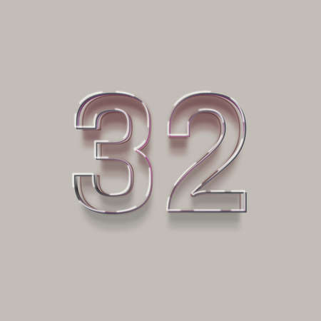 pink metallic number 32 with shadow isolated on gray background 3D illustrationの写真素材