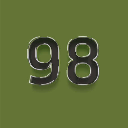 98 number with shadow isolated on green background. 3d realistic numbers.の写真素材