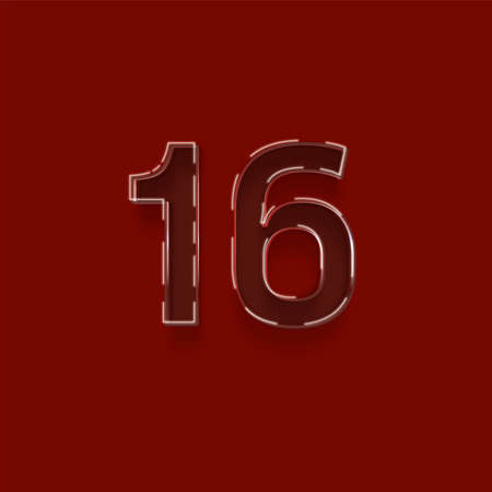 16 number with shadow on red background, 3d illustration of numbersの写真素材
