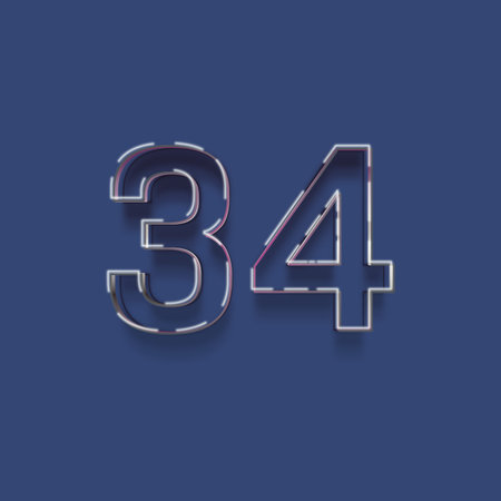 34 number with neon light effect - 3d rendering, isolated on blue background