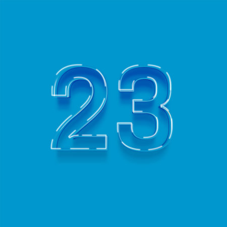 Number 23 blue neon light style, isolated on blue background, vector illustration