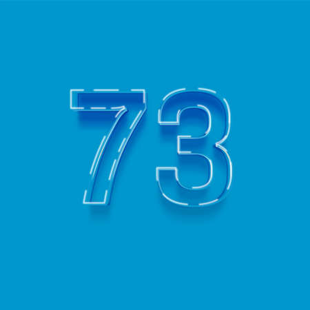 Blue neon number 73 with shadow, isolated on blue background. Vector illustrationの写真素材