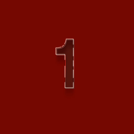 Number 1 from metal alphabet with shadow on red background. 3d rendering
