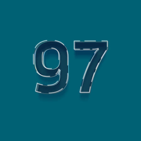 97 number with neon effect, blue color, isolated on green backgroundの写真素材