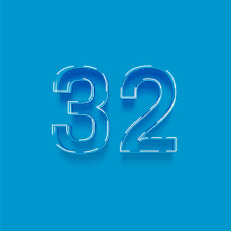 Blue neon font Number 32 with shadow, isolated on blue background.の写真素材