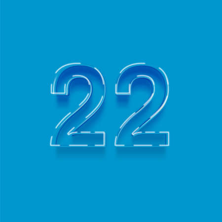 Blue neon number 22 with shadow isolated on blue background, vector illustrationの写真素材