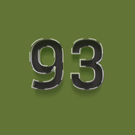 93 number with shadow on green background. 3D illustration of numbers isolated on green background.