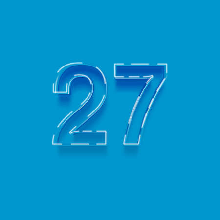 Neon blue number 27 with shadow isolated on blue background, vector illustrationの写真素材