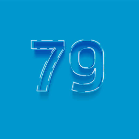 Number 79 with neon light effect on blue background, vector illustration.の写真素材