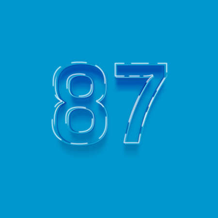 Blue neon number 87, eighty seven, isolated on blue background.の写真素材