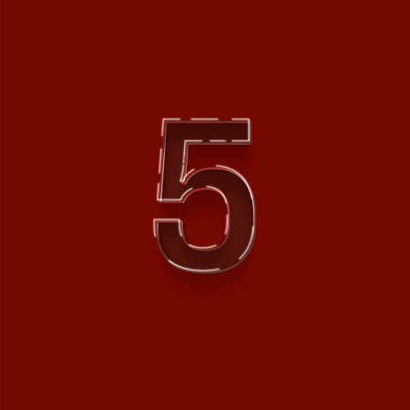 Neon number 5 with shadow on dark red background. Vector illustrationの写真素材