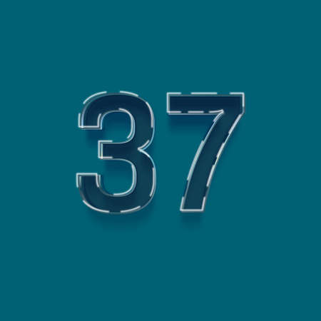 blue number 37 with white outline and shadow - 3d rendering, isolated on green backgroundの写真素材