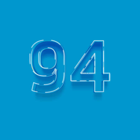 Number 94 from blue glass, vector font with shadow isolated on blue backgroundの写真素材