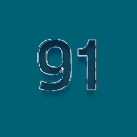 blue number 91 with white outline and shadow - isolated on green background