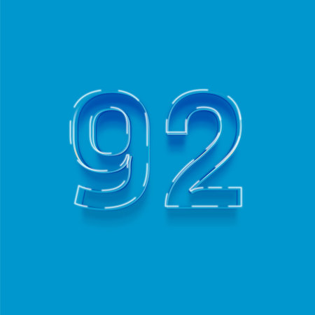Blue neon number 92 with shadow, isolated on blue background. Vector illustration