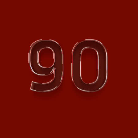 Number 90 with shadow on red background, 3d renderingの写真素材