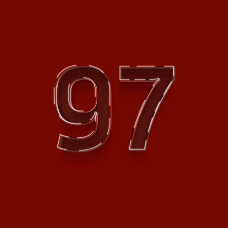Number 97 from white to red with shadow isolated on red background.