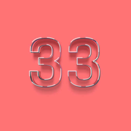 metal number 33 with shadow isolated on pink background, 3d renderingの写真素材