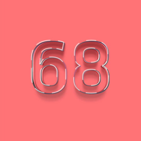 Neon number 68 with shadow and pink background, 3d render