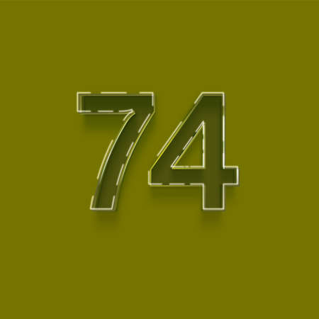 Number 74 in neon green on a green background.の写真素材