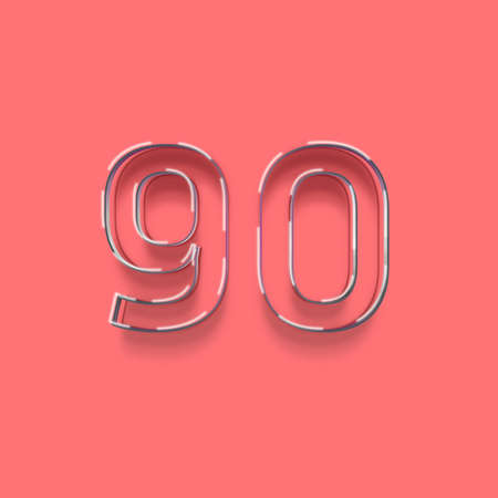 metal number 90 from white to pink with shadow isolated on pink background, 3D illustration of symbolsの写真素材