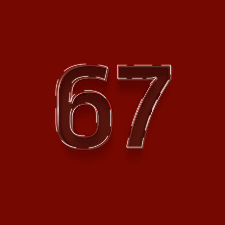 Neon number 67 with shadow on red background, 3d rendering